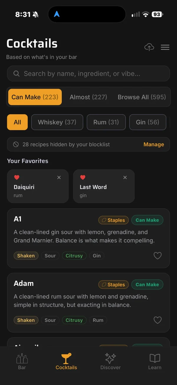 Expressed Cocktails screen showing 223 drinks you can make, 227 you almost can, and filters by spirit