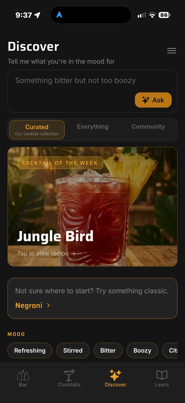 Expressed Discover screen with a mood prompt, the cocktail of the week, and mood filters