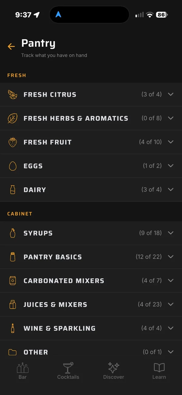 Expressed Pantry screen tracking fresh citrus, herbs, fruit, syrups, and mixers
